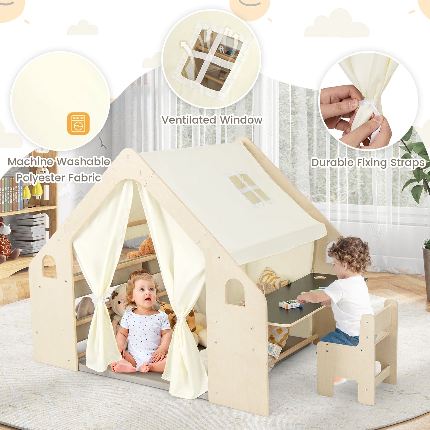 6-in-1 Kids Playhouse Wooden Indoor Play Tent w/ Blackboard