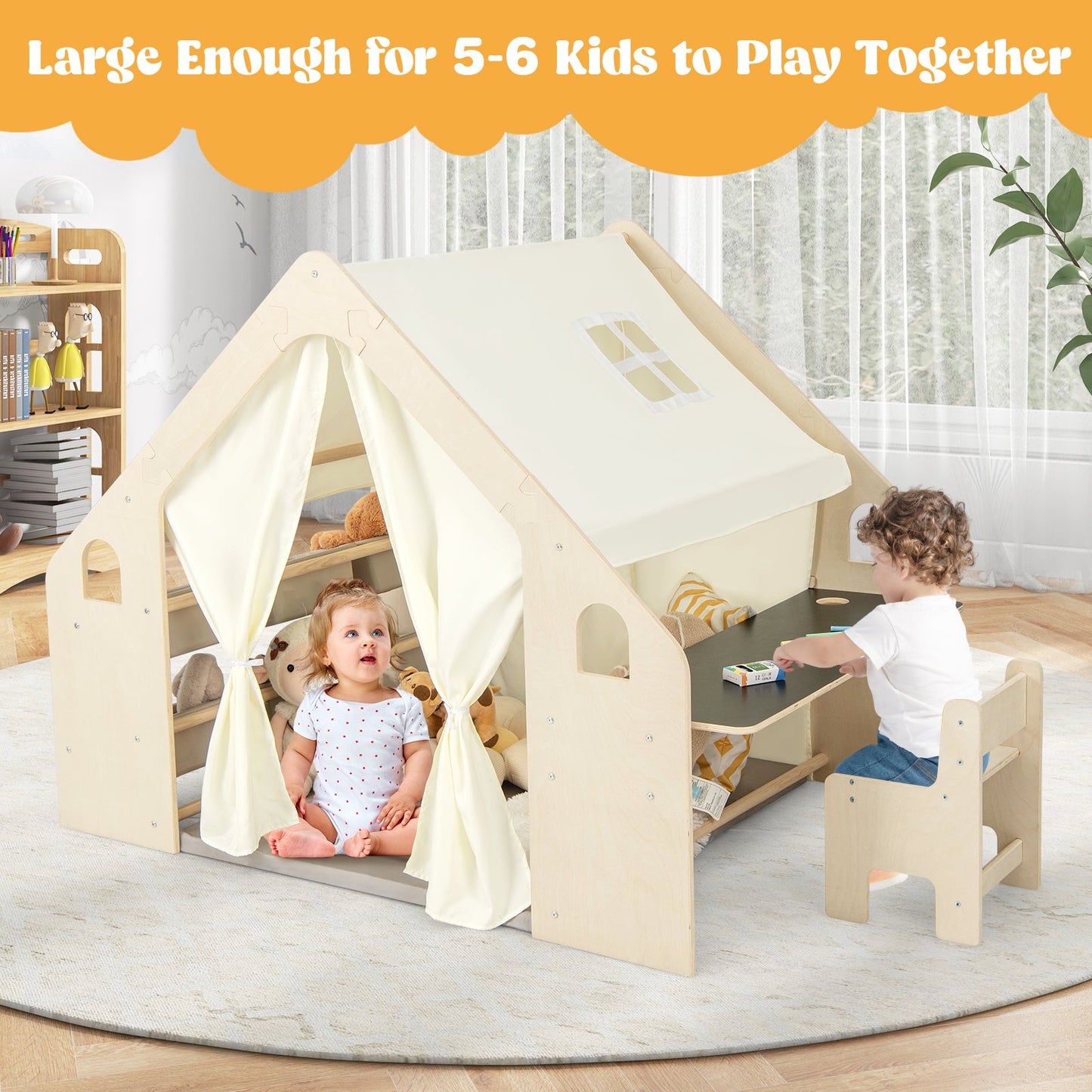 6-in-1 Kids Playhouse Wooden Indoor Play Tent w/ Blackboard