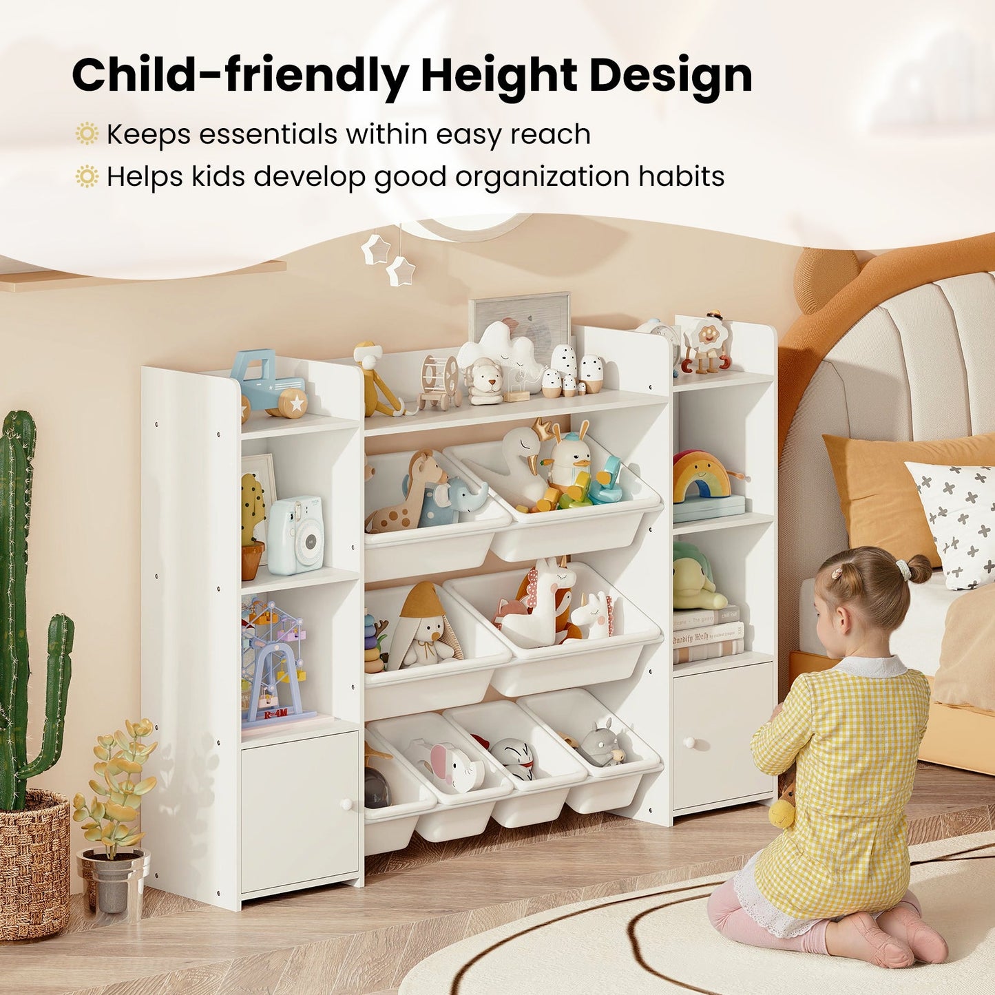 Kids Toy Storage Organizer Shelf, 4-Tier Large Storage Cabinet with 6 Cubbies & 8 Removable Bins