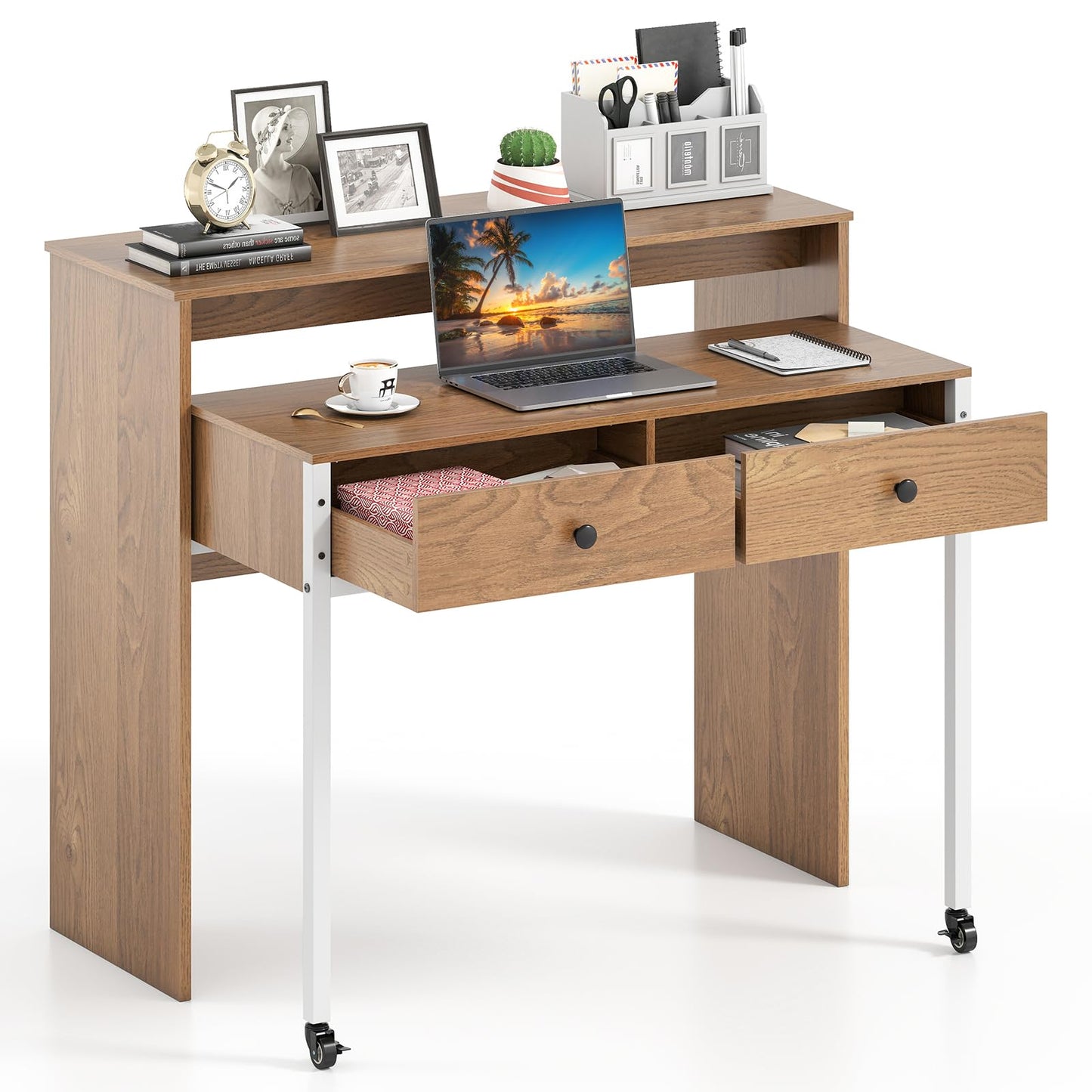 100 cm Expandable Rolling Computer Desk with Monitor Shelf