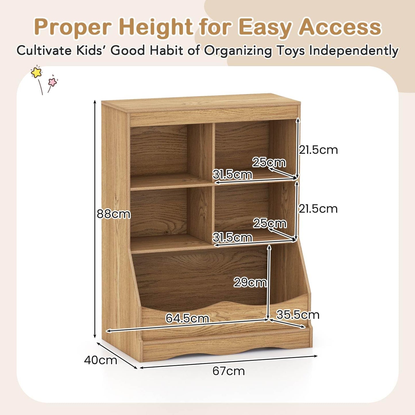 88CM Kids Bookshelf, 5 Cube Storage Shelf, Wooden Bookcase