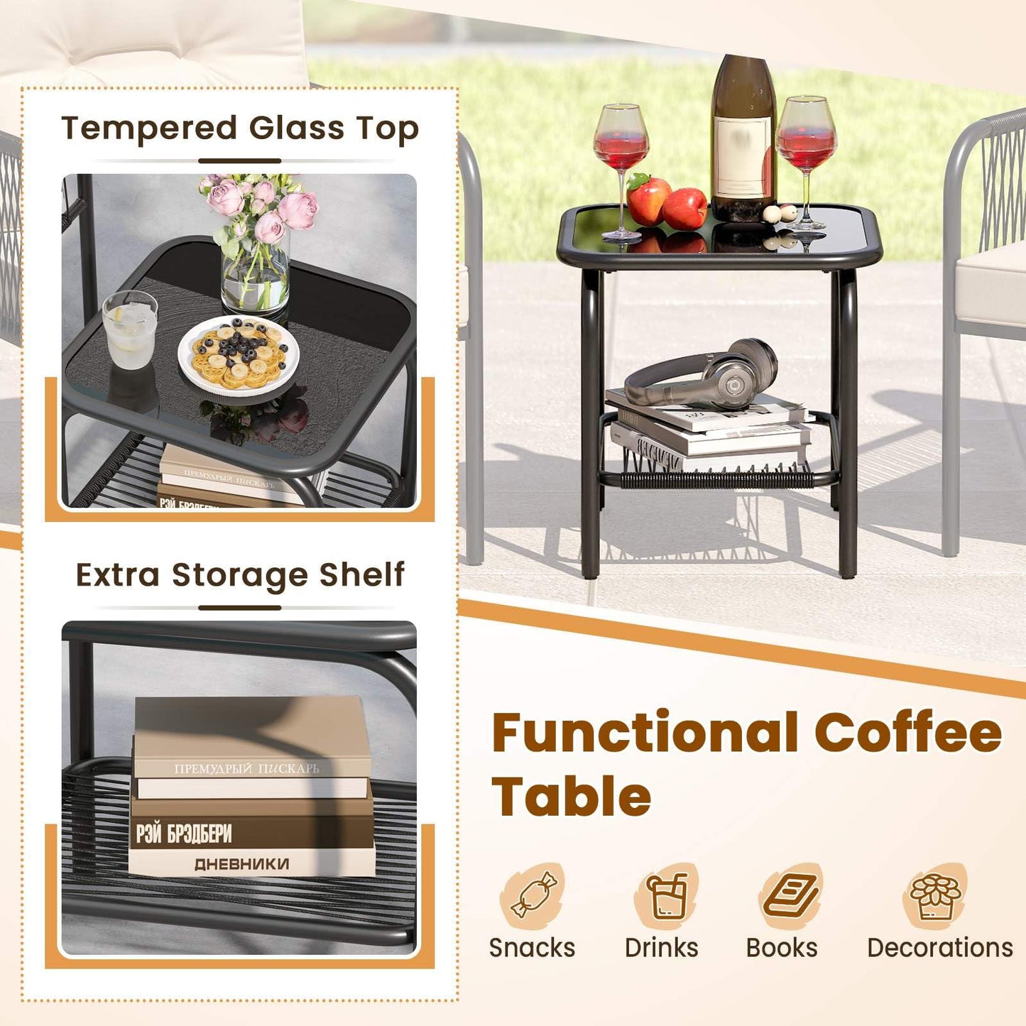3 Pieces Patio Bistro Set, PE Rattan Furniture Set