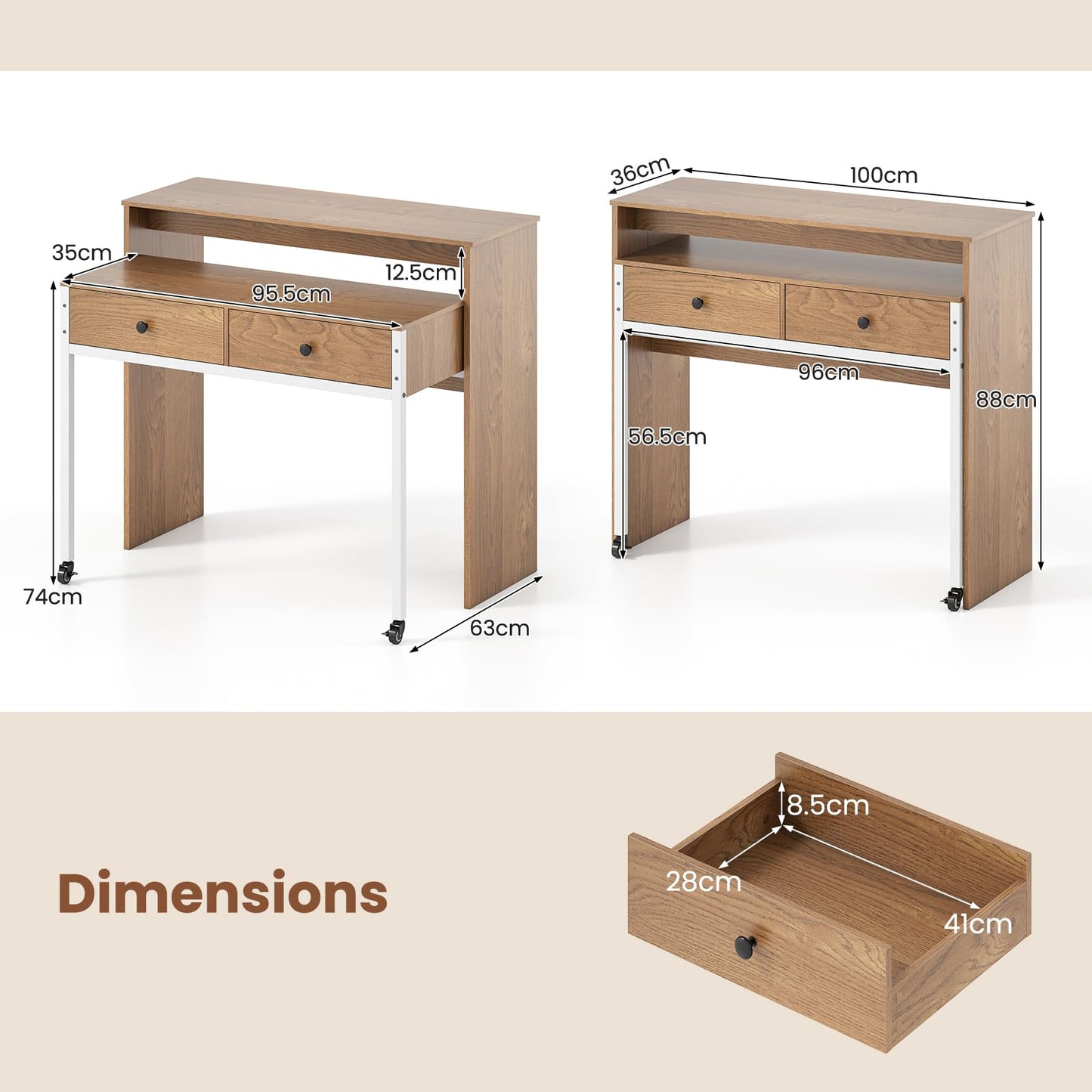 100 cm Expandable Rolling Computer Desk with Monitor Shelf