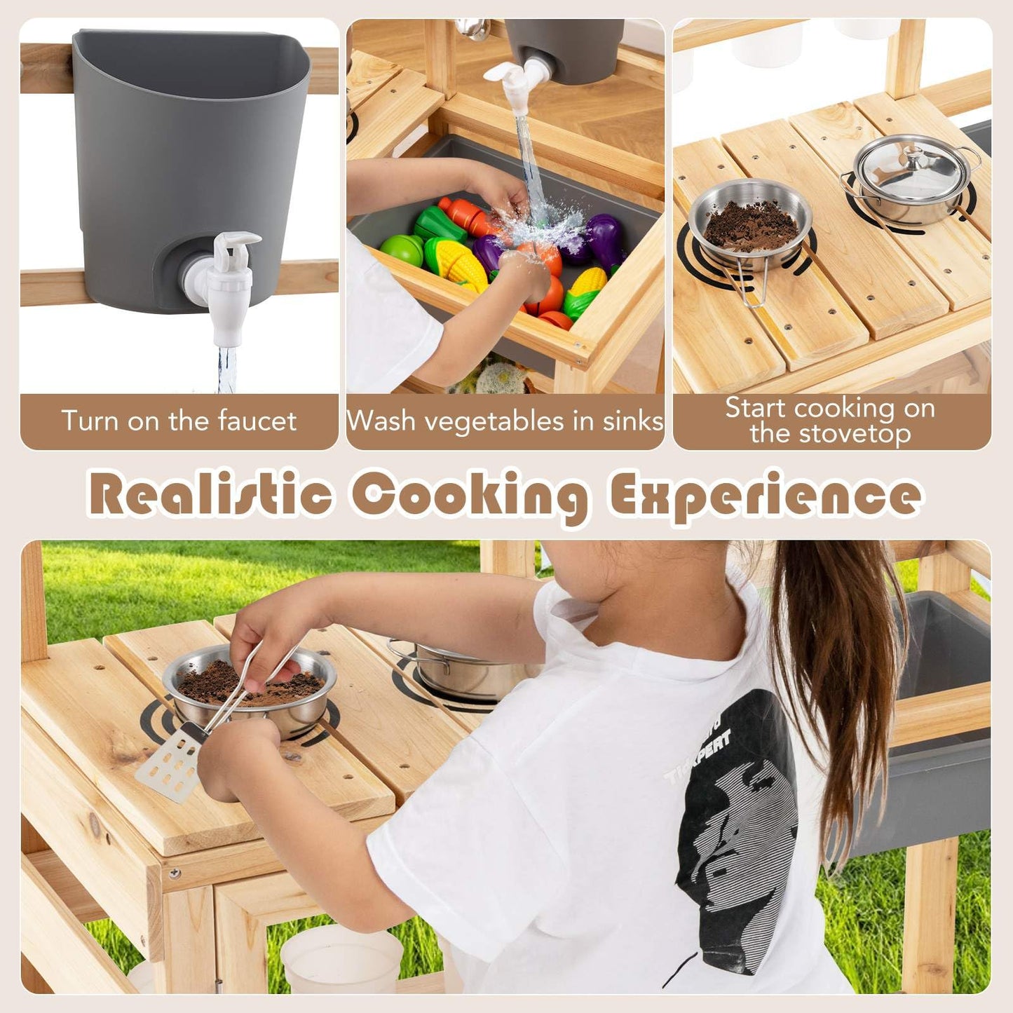 Kids Pretend Play Kitchen Toy Set with Removable Sink, Faucet, Dual Stoves
