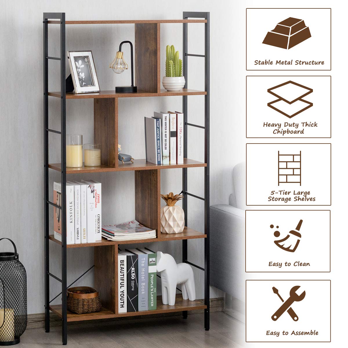 Giantex 5-Tier Bookshelf, Industrial Style Bookcase with Metal Frame, Free Standing Storage Display Shelves