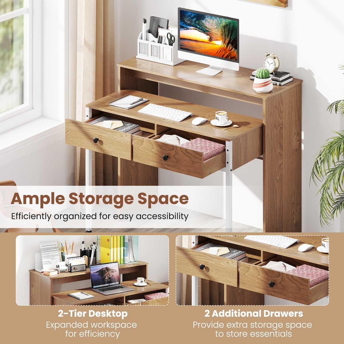 100 cm Expandable Rolling Computer Desk with Monitor Shelf