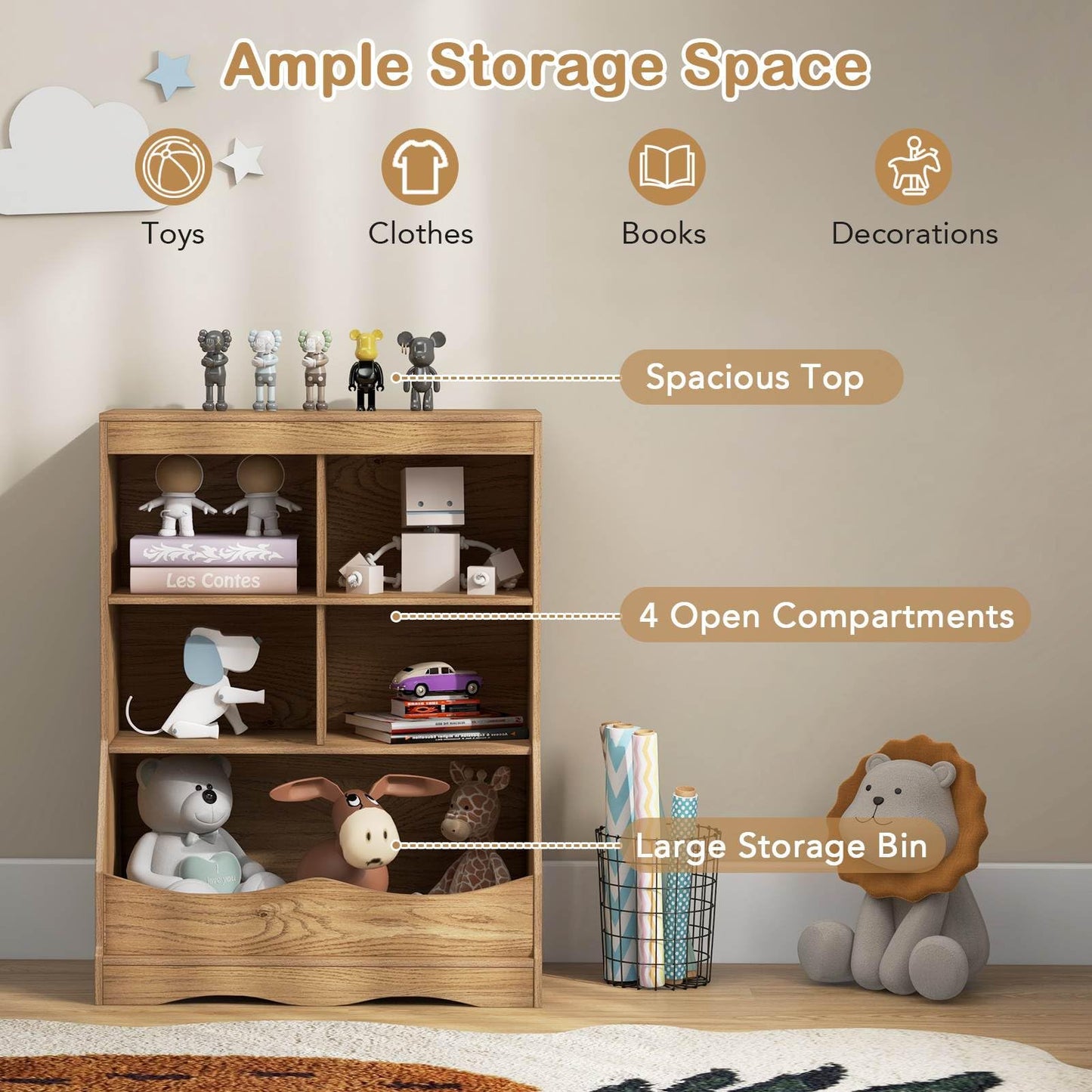 88CM Kids Bookshelf, 5 Cube Storage Shelf, Wooden Bookcase