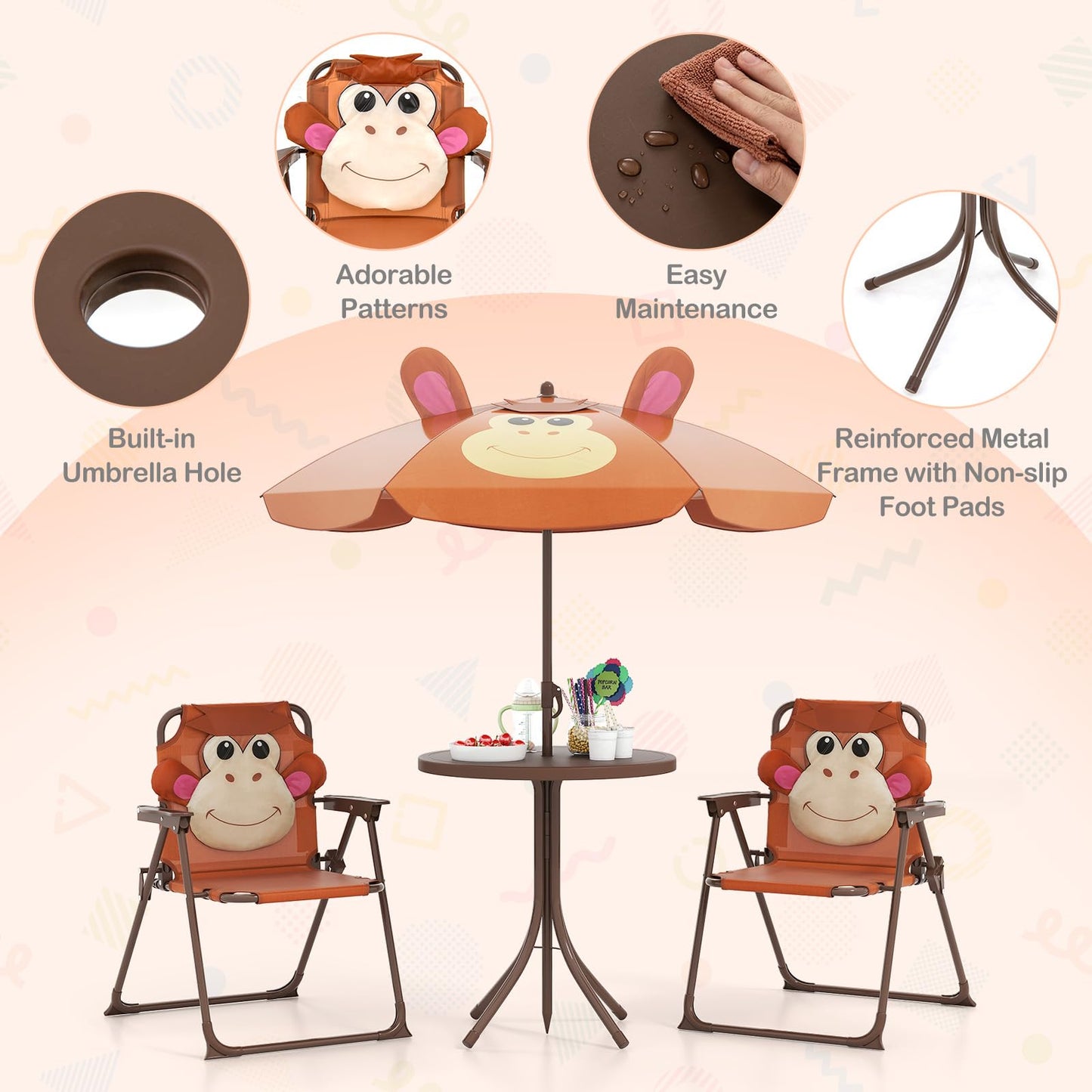 4Pcs Kids Picnic Set, Toddler Outdoor Activity Table w/2 Folding Chairs & a Height Adjustable Umbrella