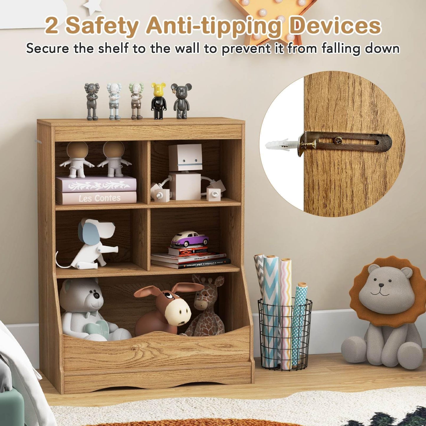 88CM Kids Bookshelf, 5 Cube Storage Shelf, Wooden Bookcase