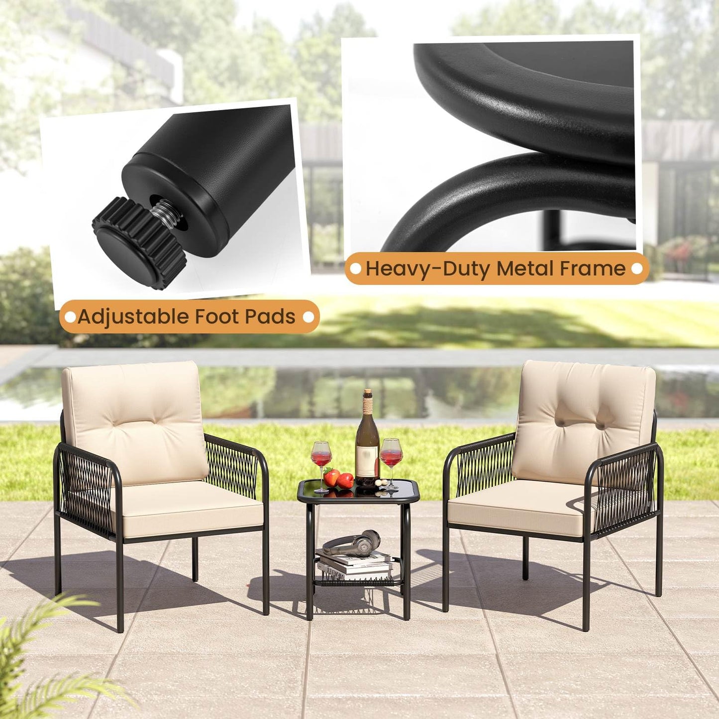 3 Pieces Patio Bistro Set, PE Rattan Furniture Set