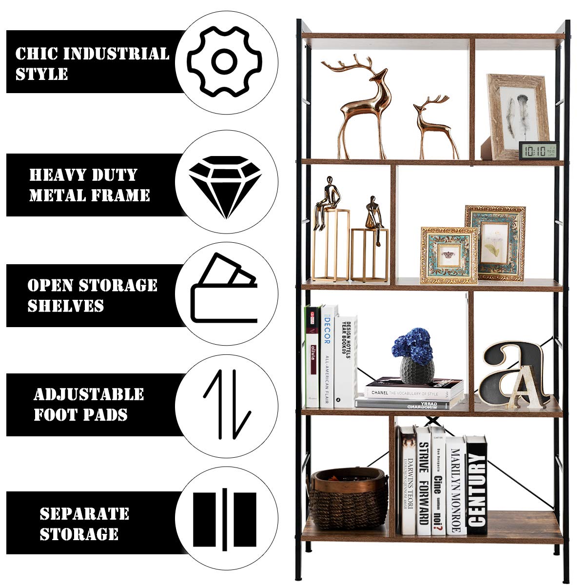 Giantex 5-Tier Bookshelf, Industrial Style Bookcase with Metal Frame, Free Standing Storage Display Shelves