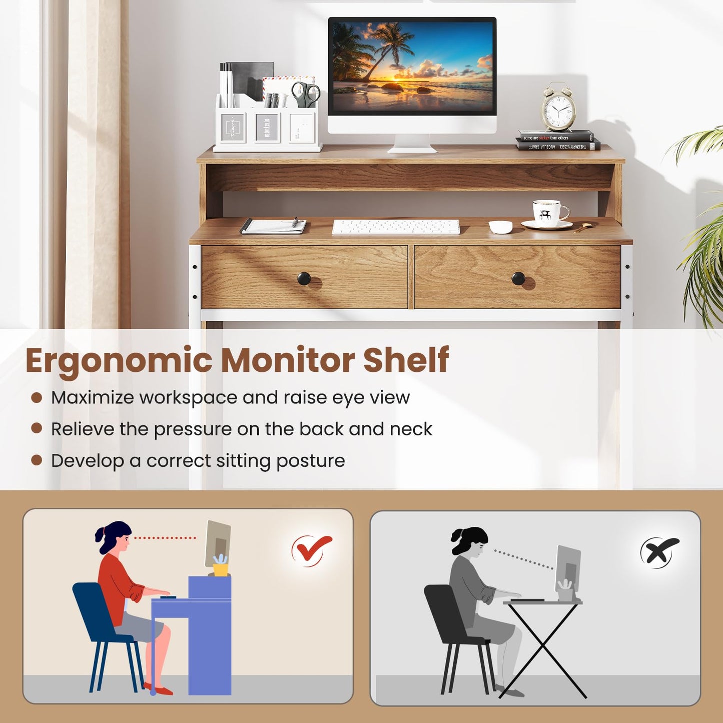 100 cm Expandable Rolling Computer Desk with Monitor Shelf