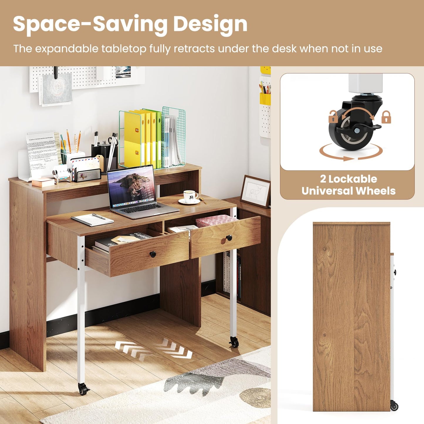 100 cm Expandable Rolling Computer Desk with Monitor Shelf
