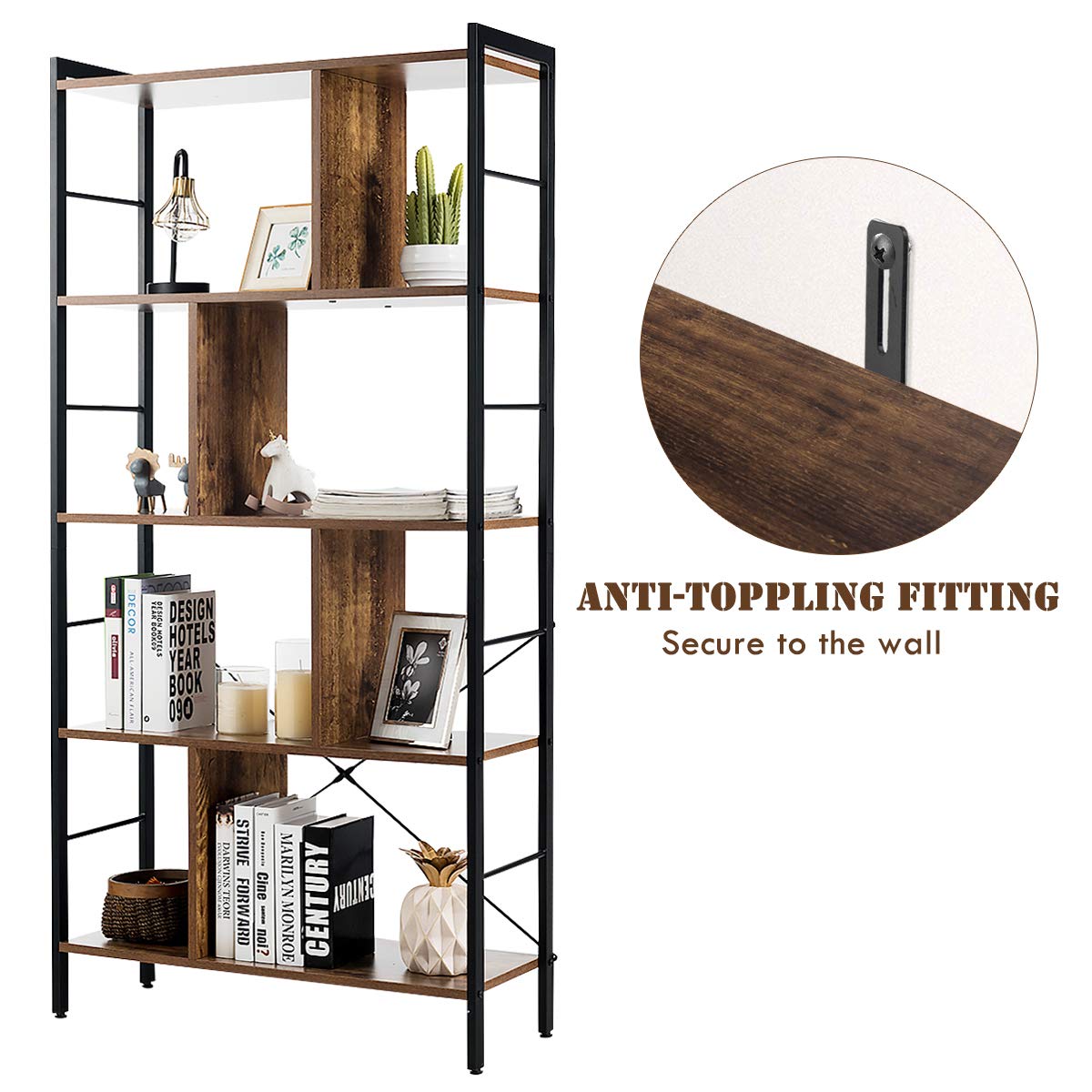 Giantex 5-Tier Bookshelf, Industrial Style Bookcase with Metal Frame, Free Standing Storage Display Shelves