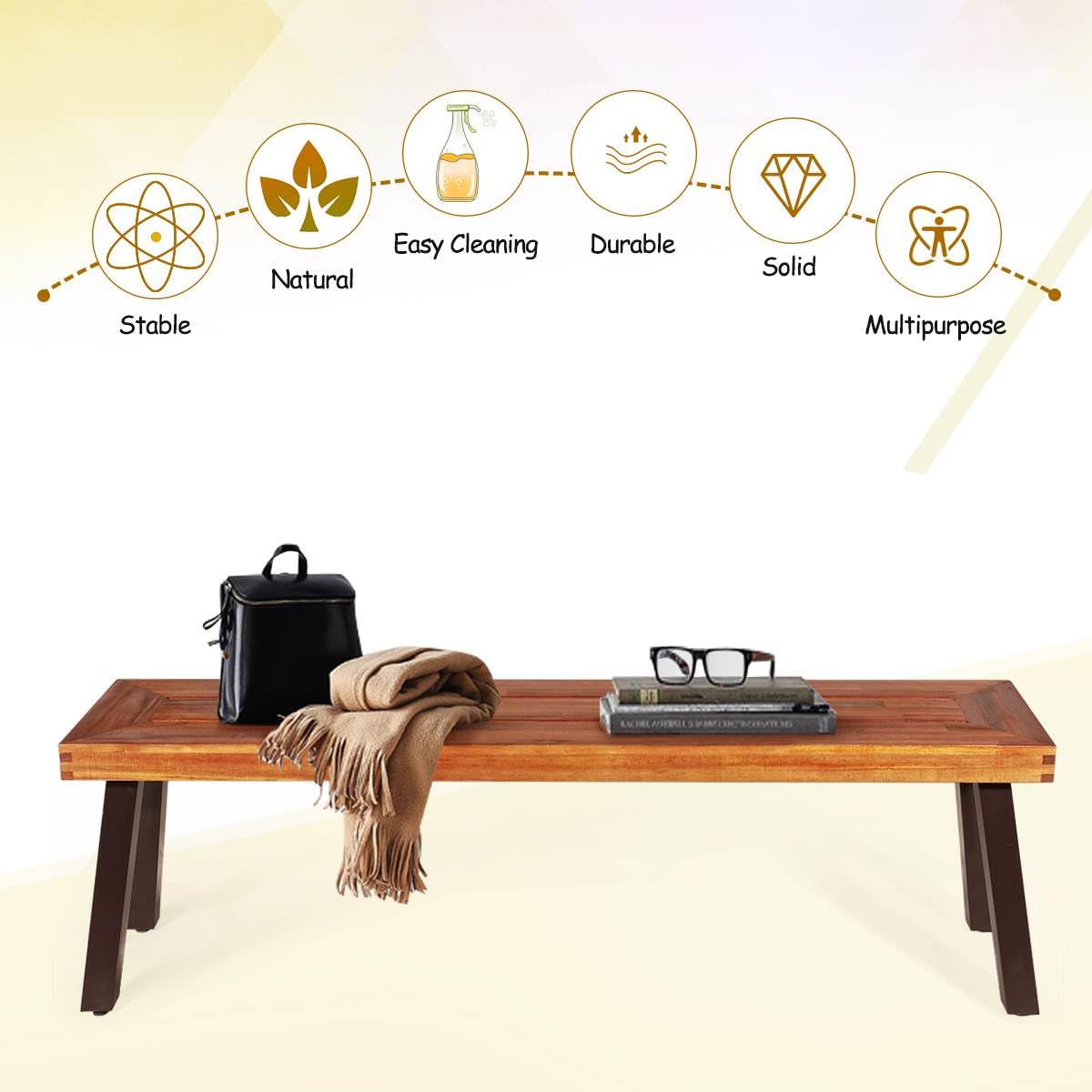 Patio Dining Wood Bench with Rustic Steel Legs