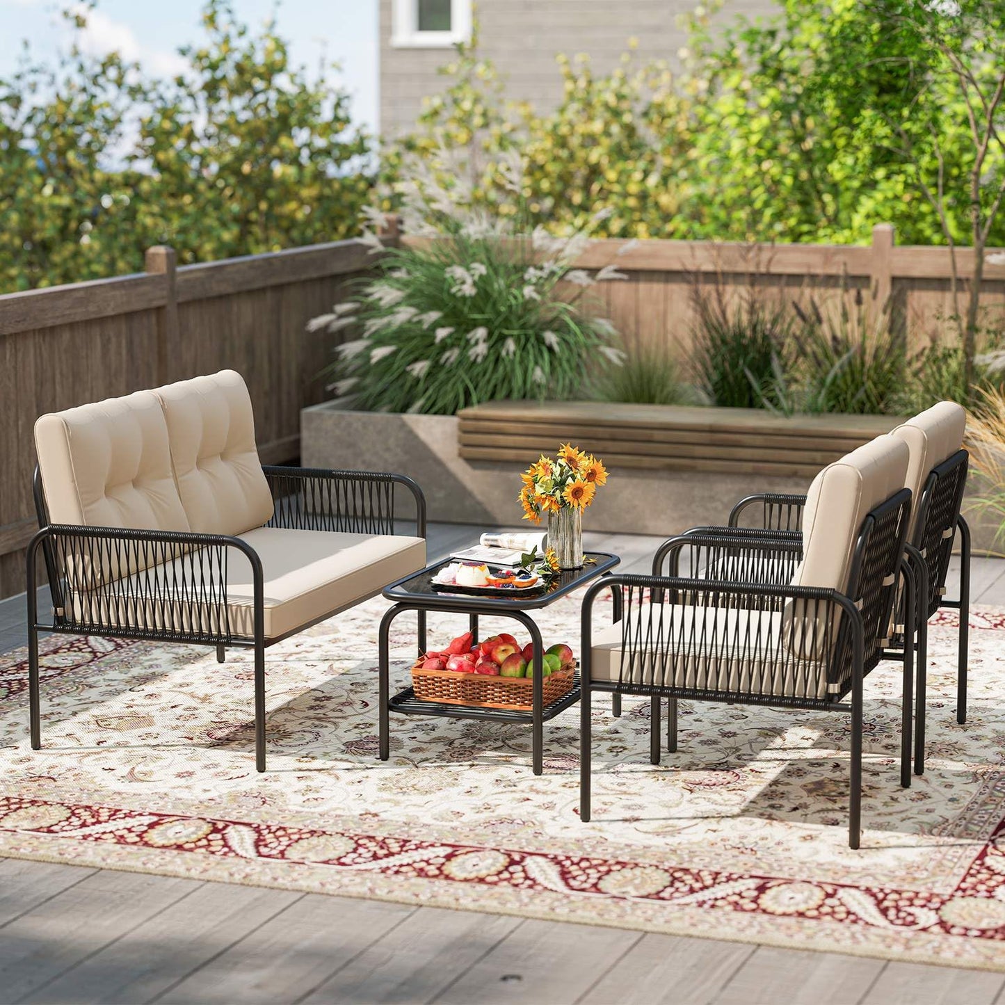 4 Pieces Patio Furniture Set, PE Rattan Sofa Chairs