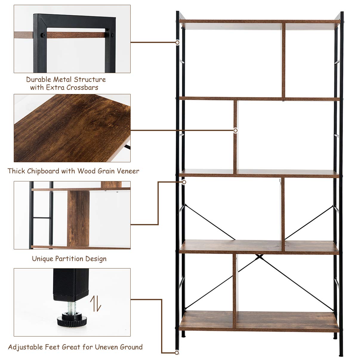 Giantex 5-Tier Bookshelf, Industrial Style Bookcase with Metal Frame, Free Standing Storage Display Shelves
