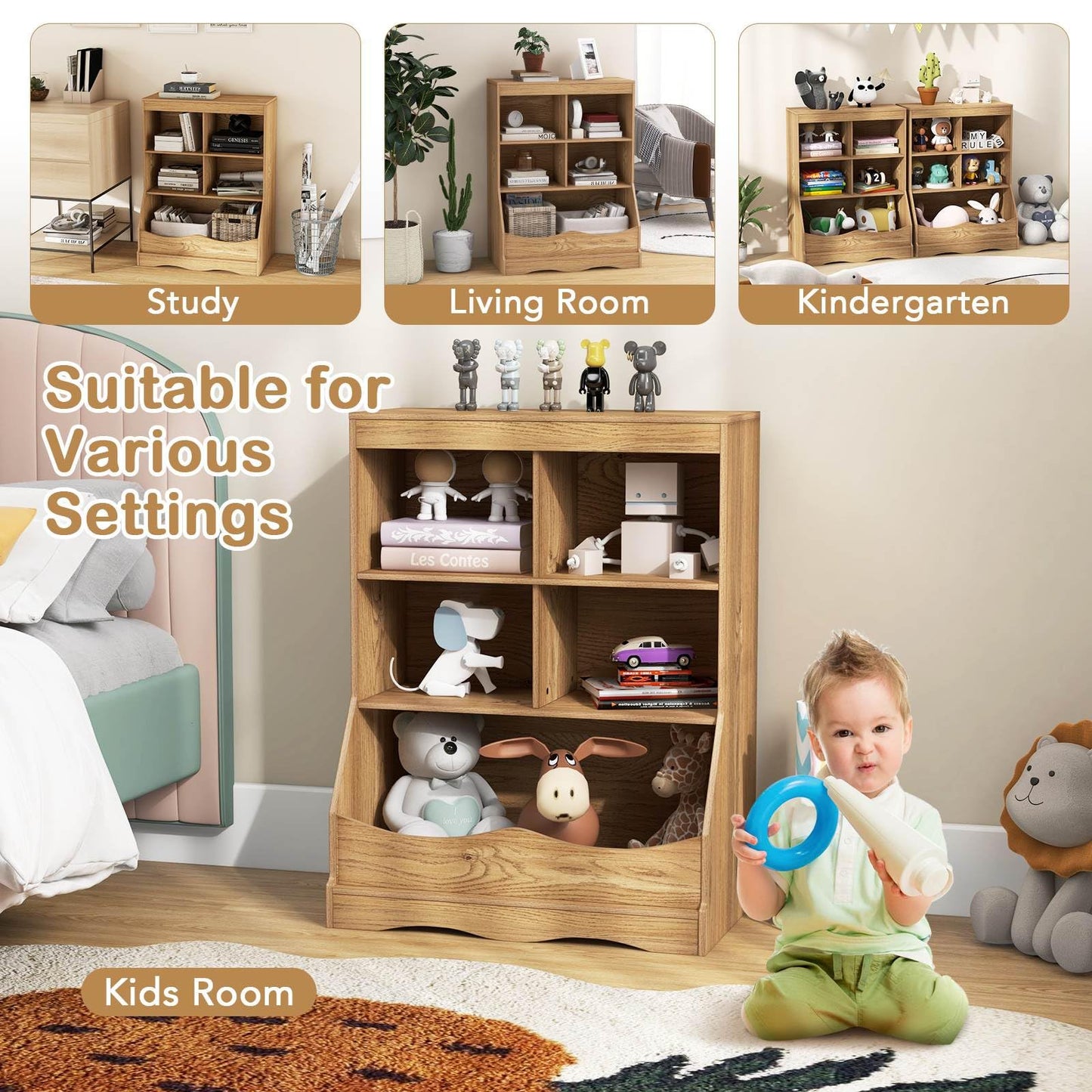 88CM Kids Bookshelf, 5 Cube Storage Shelf, Wooden Bookcase
