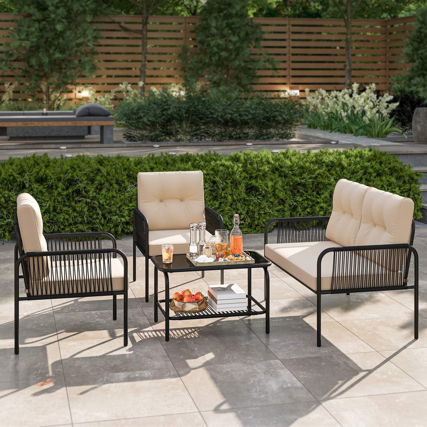 4 Pieces Patio Furniture Set, PE Rattan Sofa Chairs