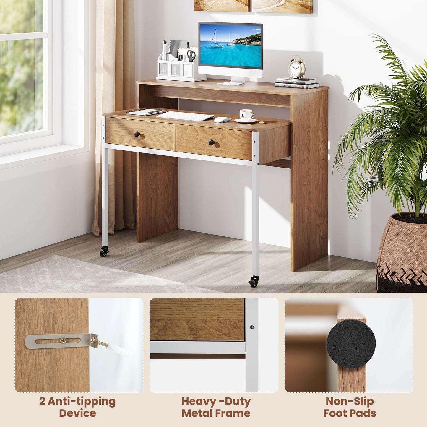 100 cm Expandable Rolling Computer Desk with Monitor Shelf