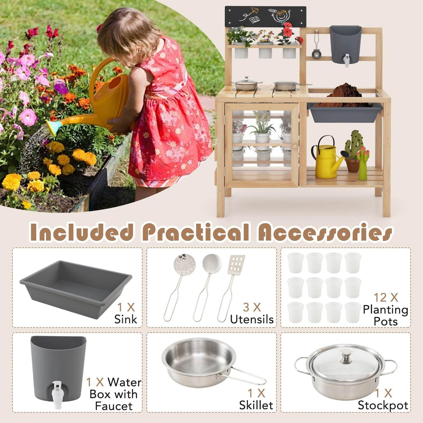 Kids Pretend Play Kitchen Toy Set with Removable Sink, Faucet, Dual Stoves