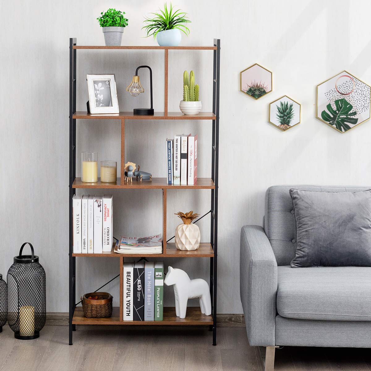 Giantex 5-Tier Bookshelf, Industrial Style Bookcase with Metal Frame, Free Standing Storage Display Shelves
