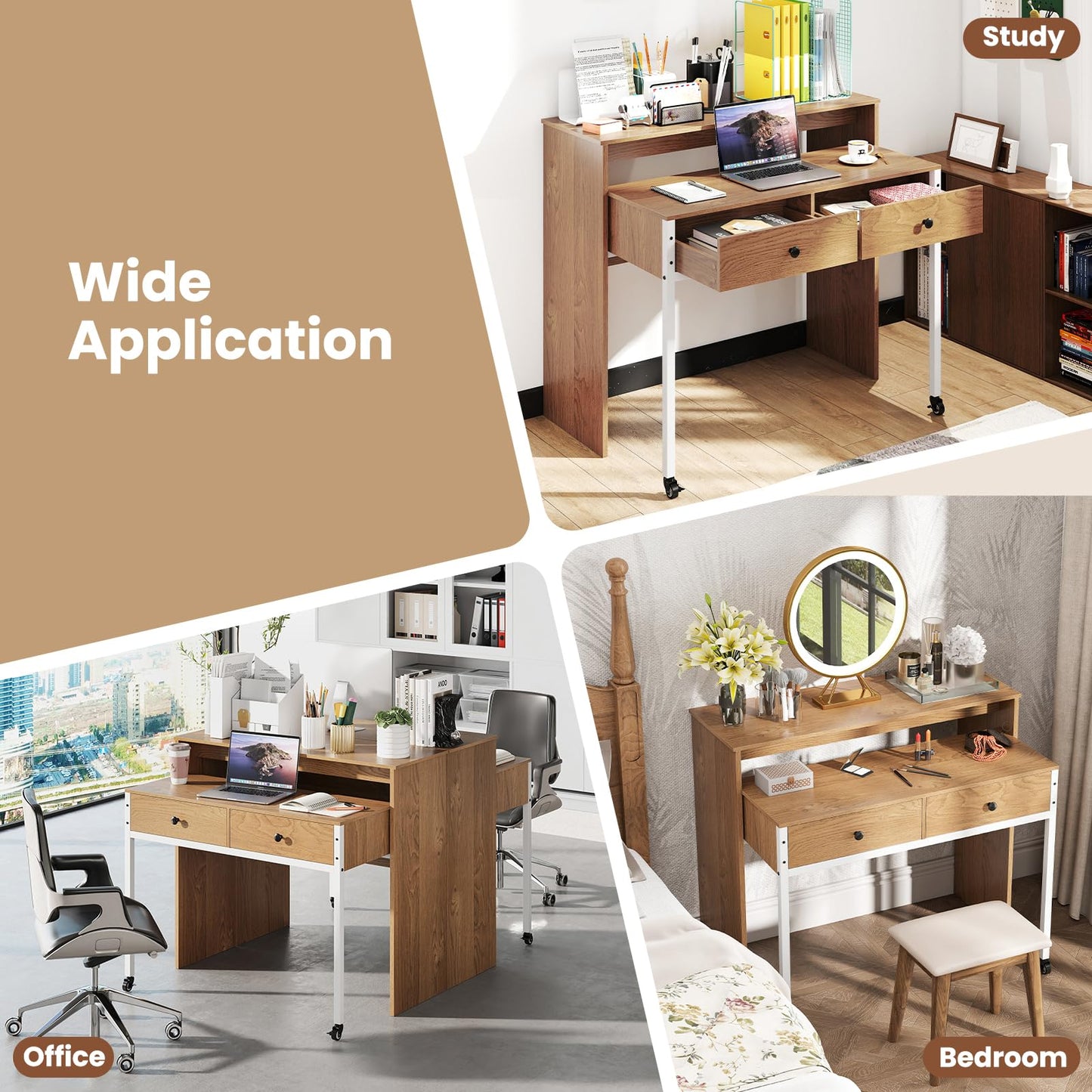 100 cm Expandable Rolling Computer Desk with Monitor Shelf