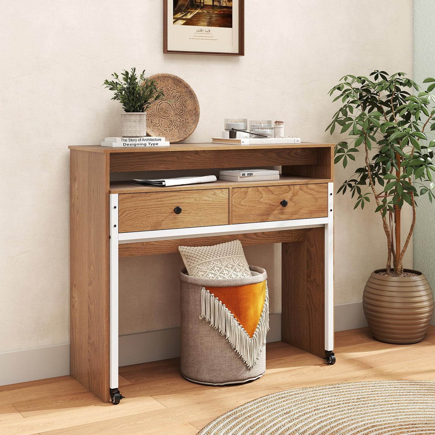100 cm Expandable Rolling Computer Desk with Monitor Shelf