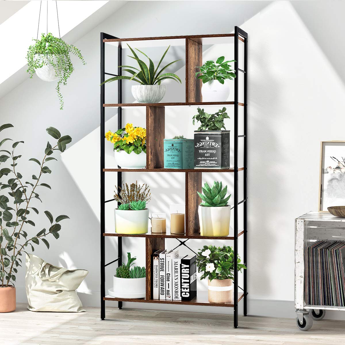 Giantex 5-Tier Bookshelf, Industrial Style Bookcase with Metal Frame, Free Standing Storage Display Shelves