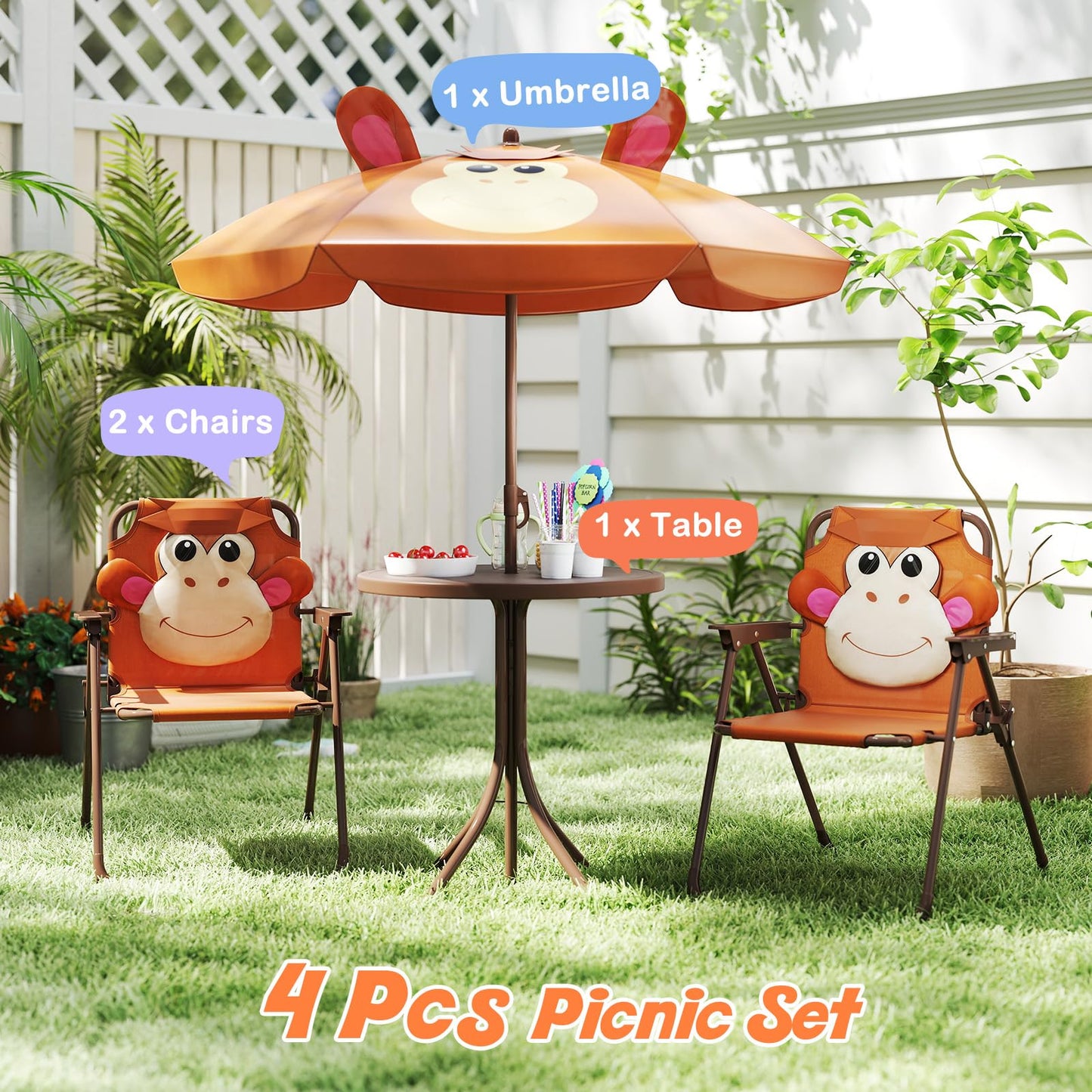 4Pcs Kids Picnic Set, Toddler Outdoor Activity Table w/2 Folding Chairs & a Height Adjustable Umbrella