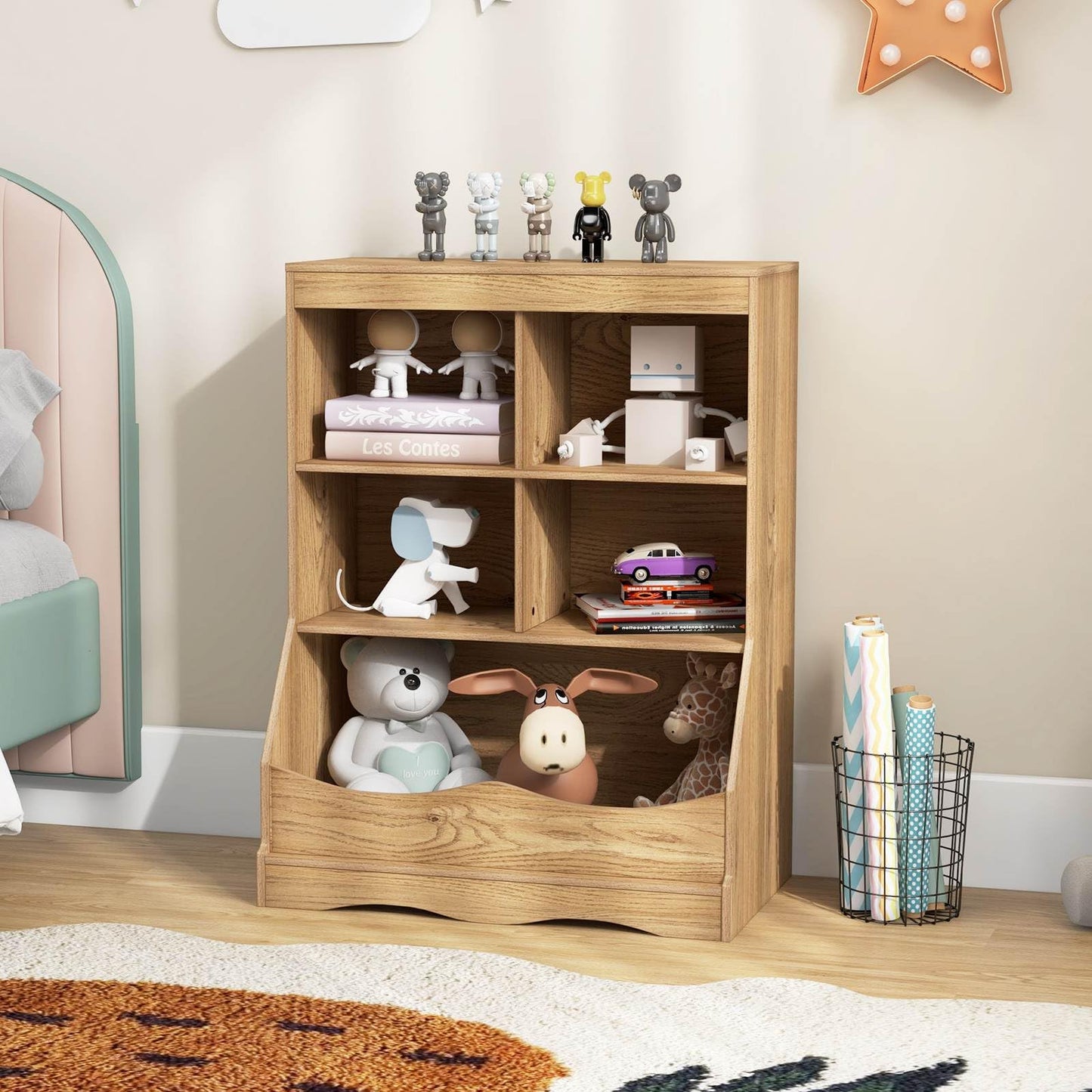 88CM Kids Bookshelf, 5 Cube Storage Shelf, Wooden Bookcase