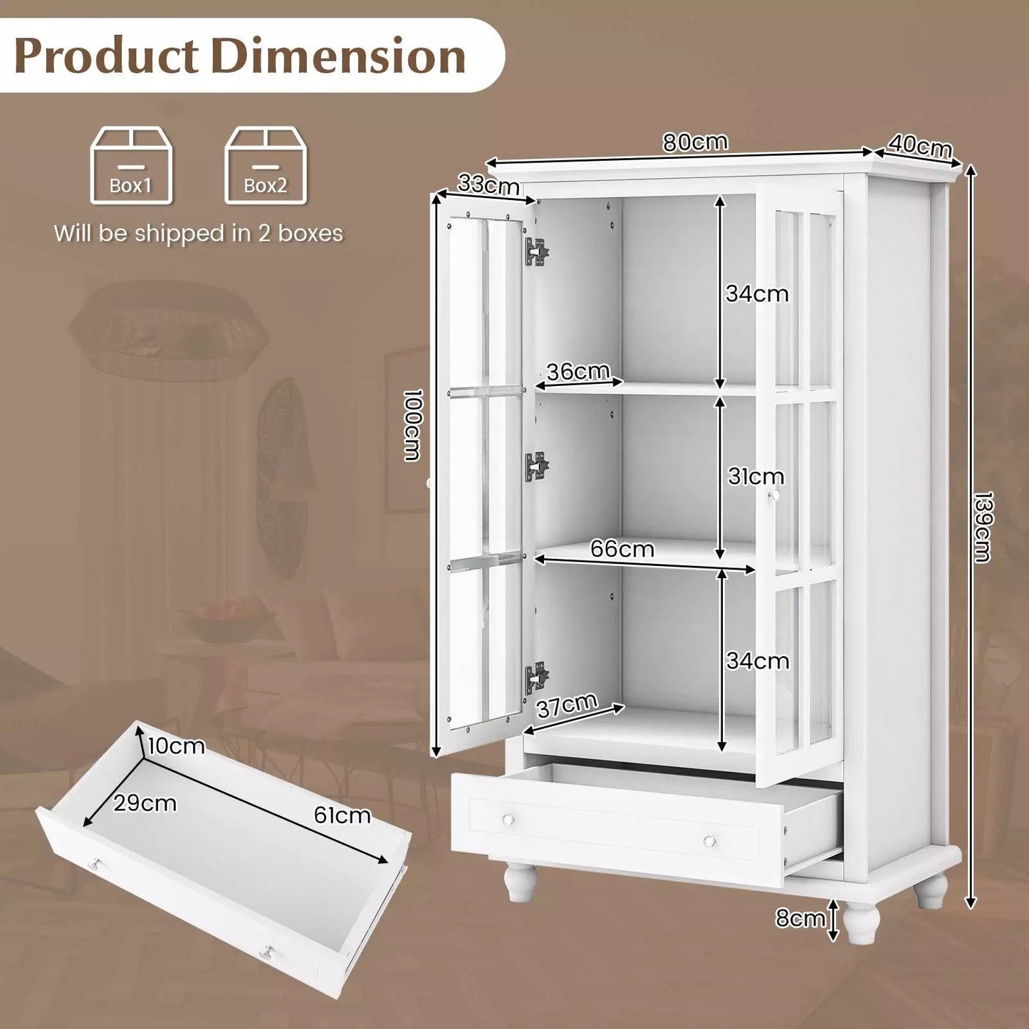 139cm H Bookcase Cabinet Display Bookshelf Cabinet w/ Tempered Glass Doors
