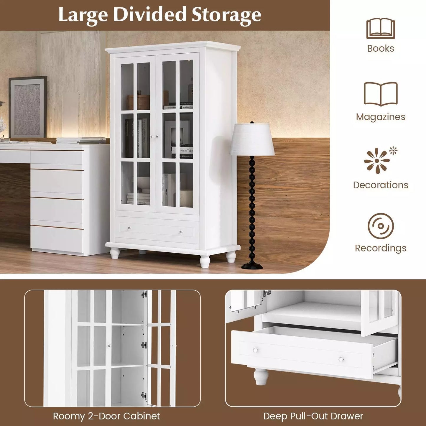 139cm H Bookcase Cabinet Display Bookshelf Cabinet w/ Tempered Glass Doors