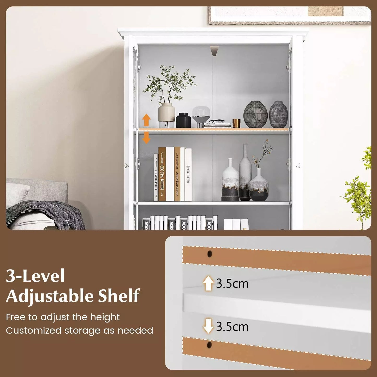 139cm H Bookcase Cabinet Display Bookshelf Cabinet w/ Tempered Glass Doors
