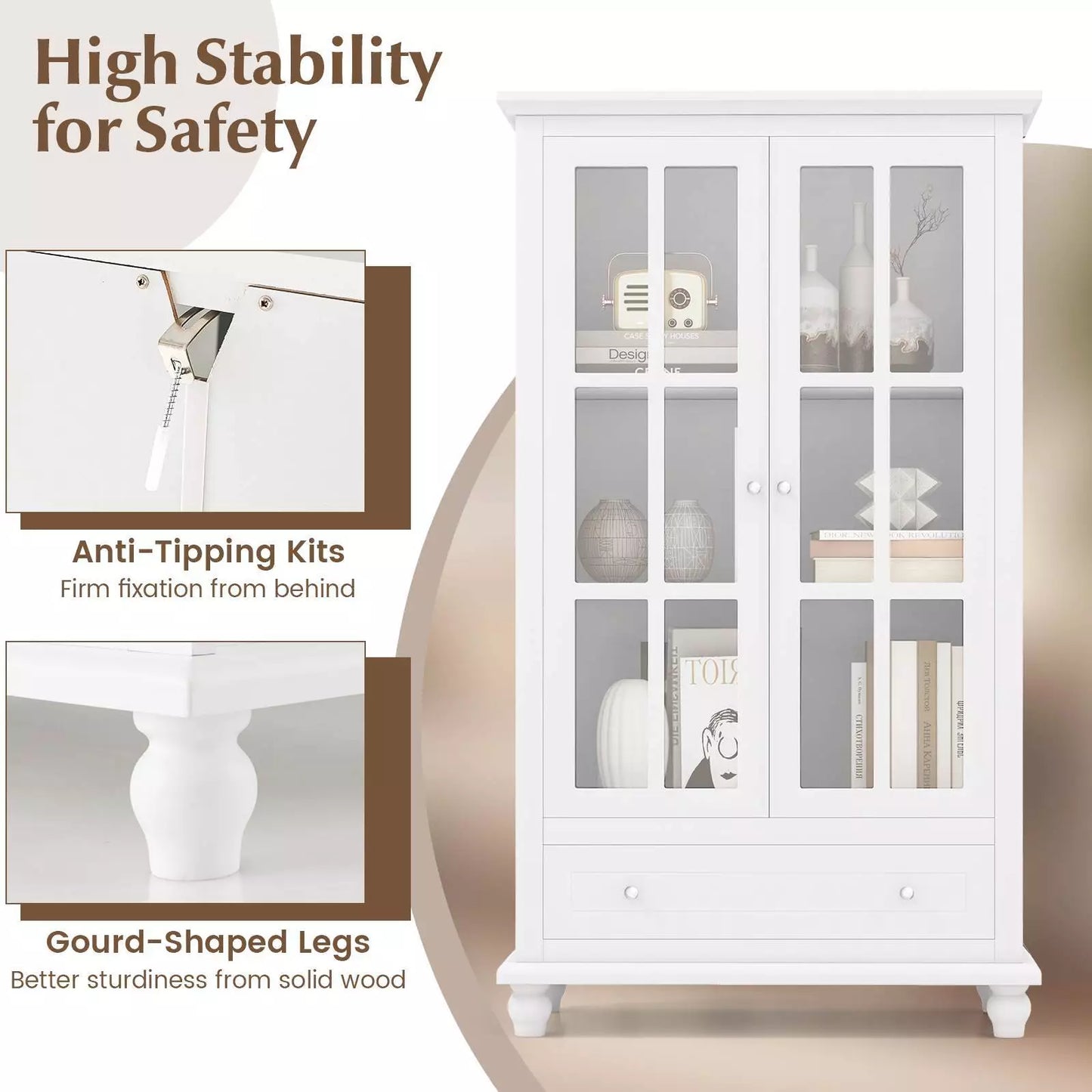 139cm H Bookcase Cabinet Display Bookshelf Cabinet w/ Tempered Glass Doors