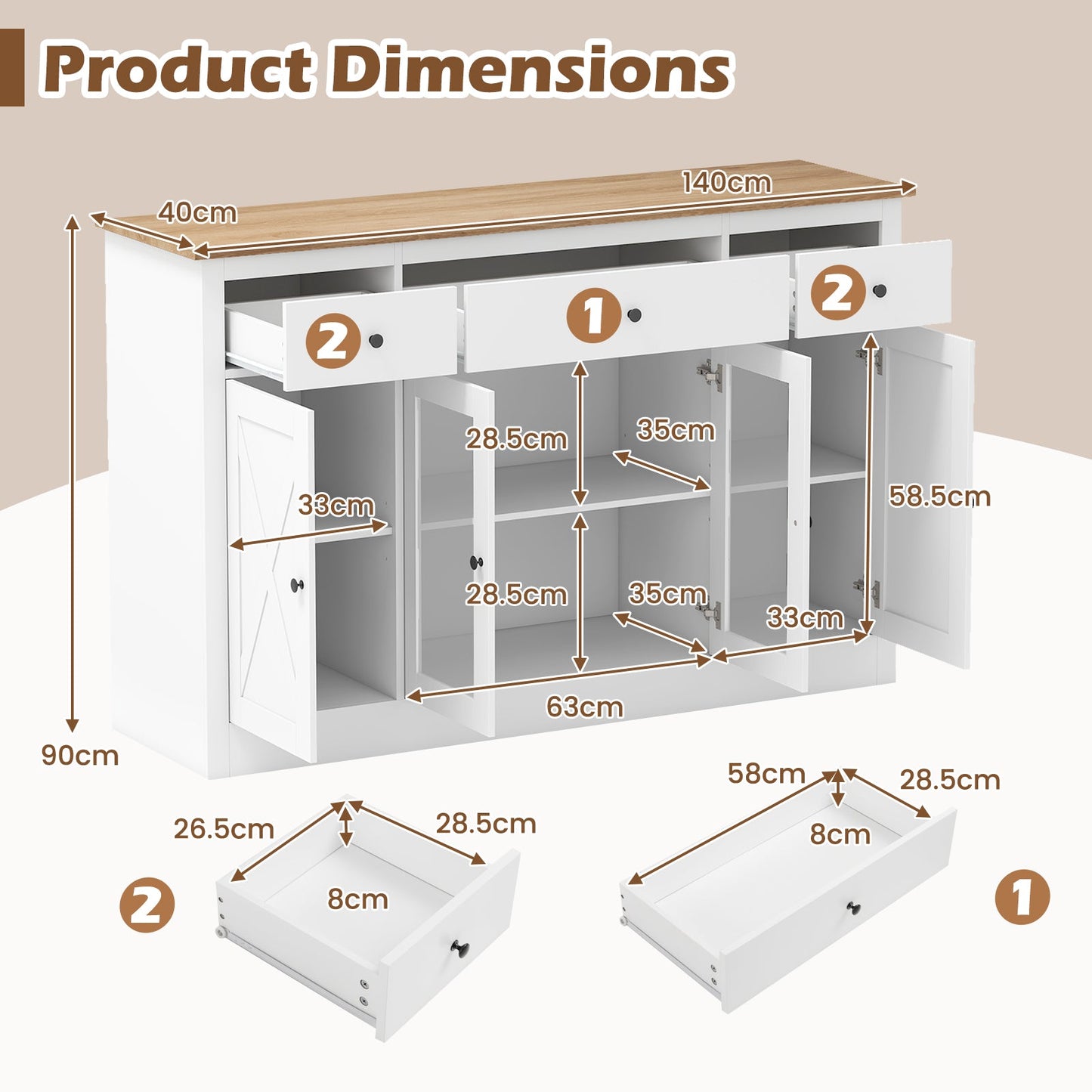 140 cm Large Buffet Sideboard, Kitchen Storage Cabinet with 3 Drawers