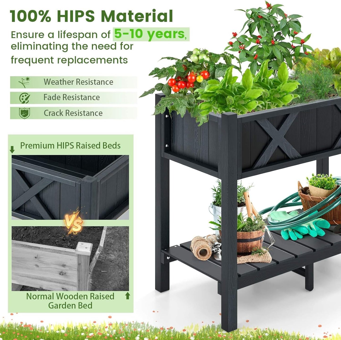 HIPS Raised Garden Bed, Poly Wood Elevated Planter Box w/Legs