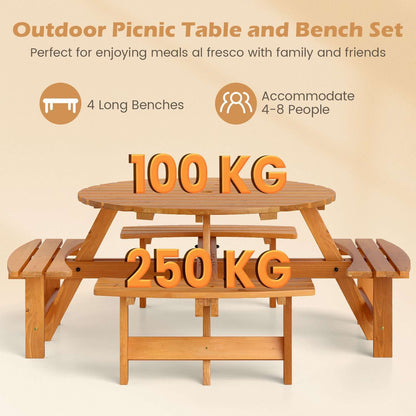 Round Picnic Table Set Patio Dining Camping Table w/ Built-in 4 Benches