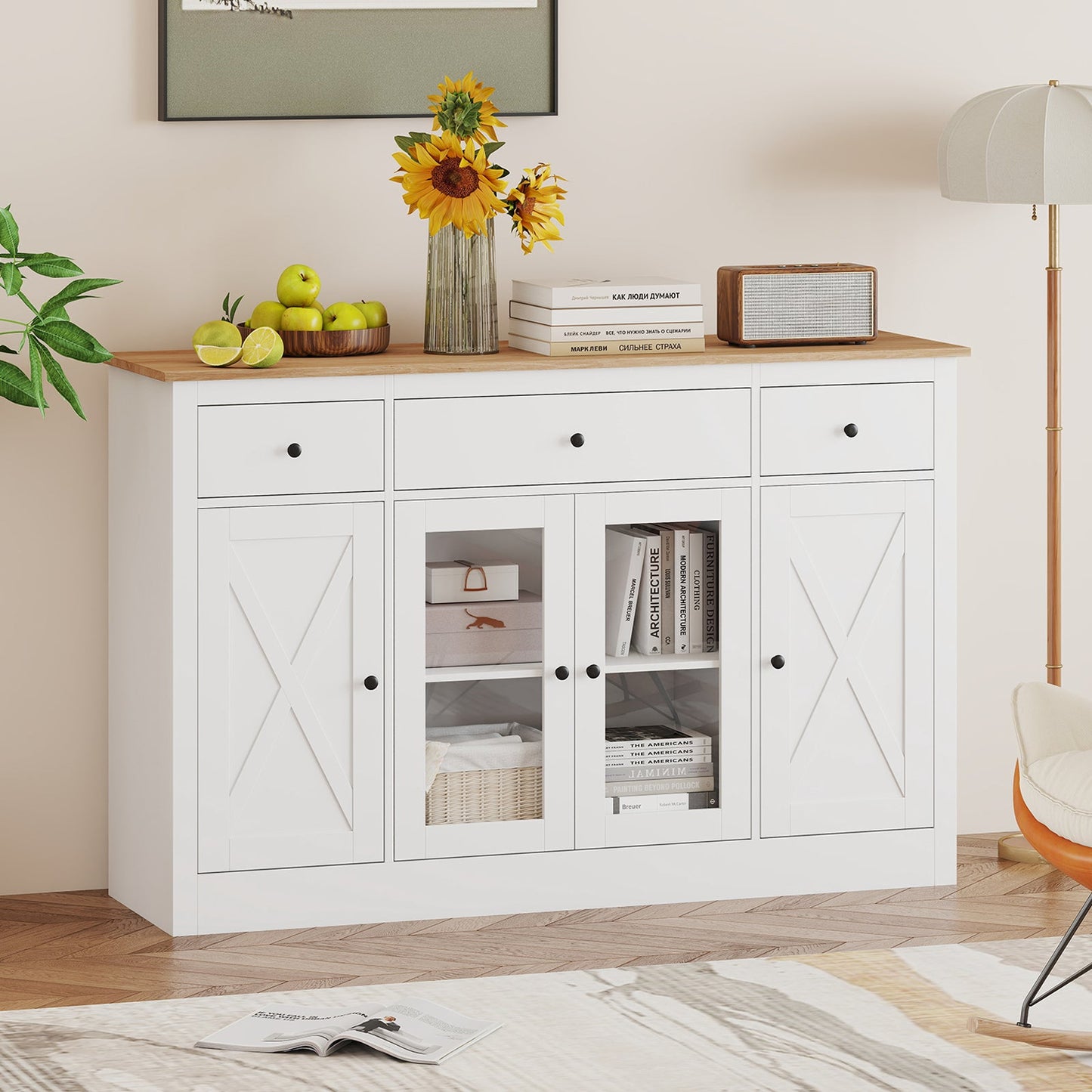140 cm Large Buffet Sideboard, Kitchen Storage Cabinet with 3 Drawers