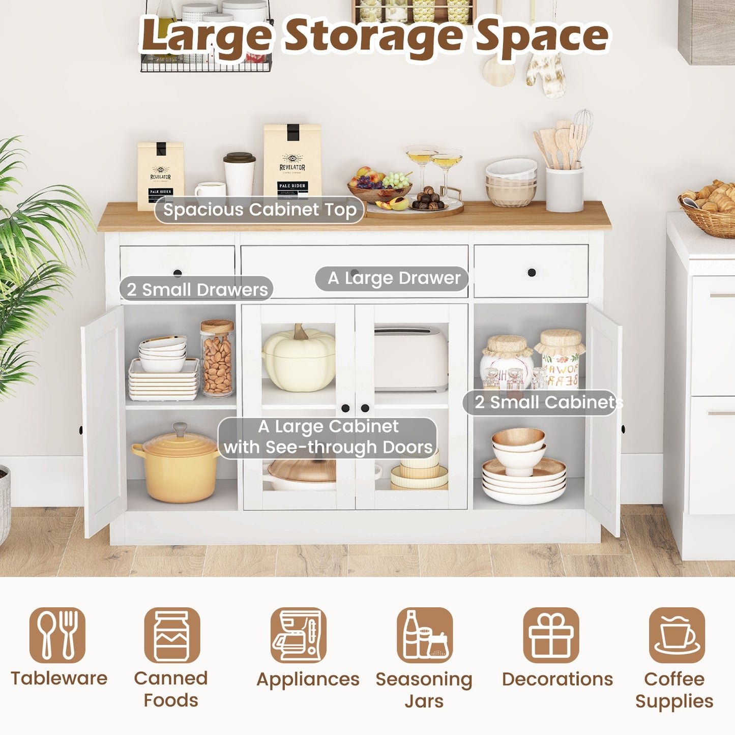 140 cm Large Buffet Sideboard, Kitchen Storage Cabinet with 3 Drawers