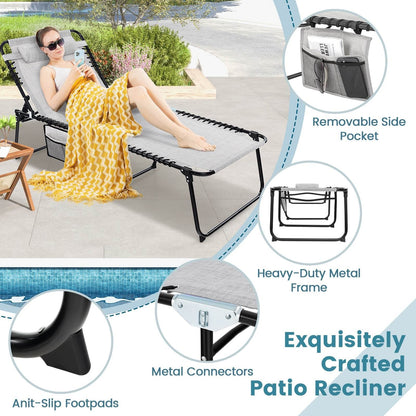 Patio Folding Chaise Lounge with 4-Level Backrest & Detachable Headrest Outdoor（59cm）