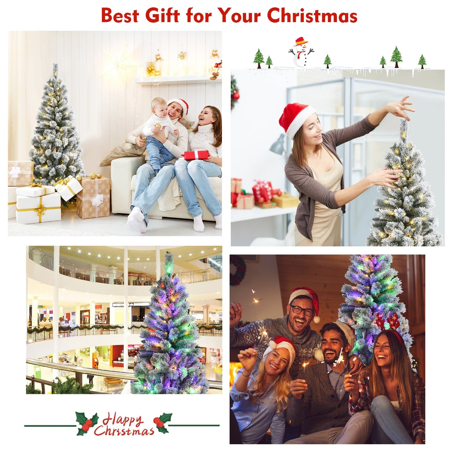 1.5M/1.8M Pre-Lit Artificial Christmas Tree Colored LED Lights Hinged Decor w/ Mixed Branches