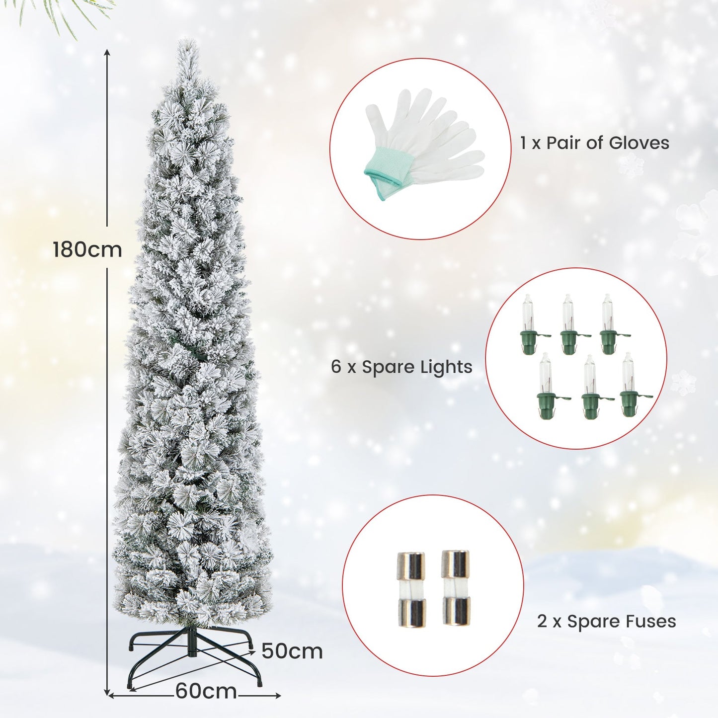 186CM Slim Christmas Tree, Flocked Xmas Tree with 373 Branch Tips