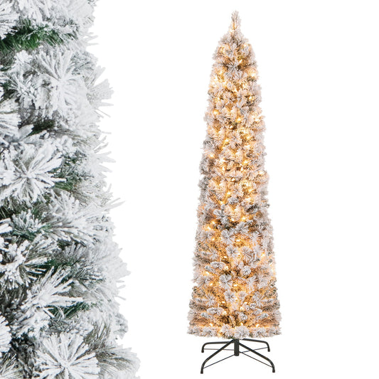 186CM Slim Christmas Tree, Flocked Xmas Tree with 373 Branch Tips