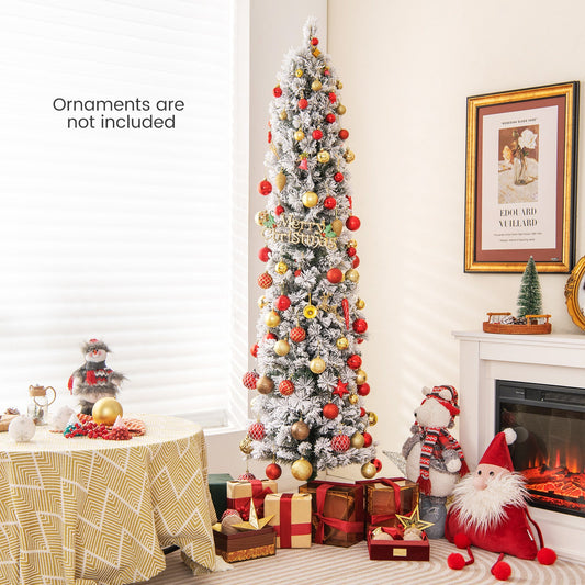 186CM Slim Christmas Tree, Flocked Xmas Tree with 373 Branch Tips