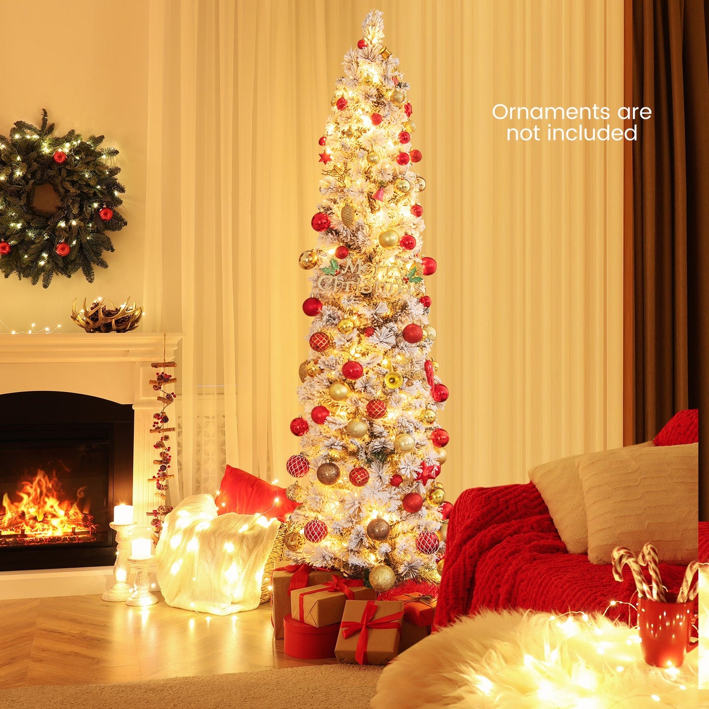 186CM Slim Christmas Tree, Flocked Xmas Tree with 373 Branch Tips