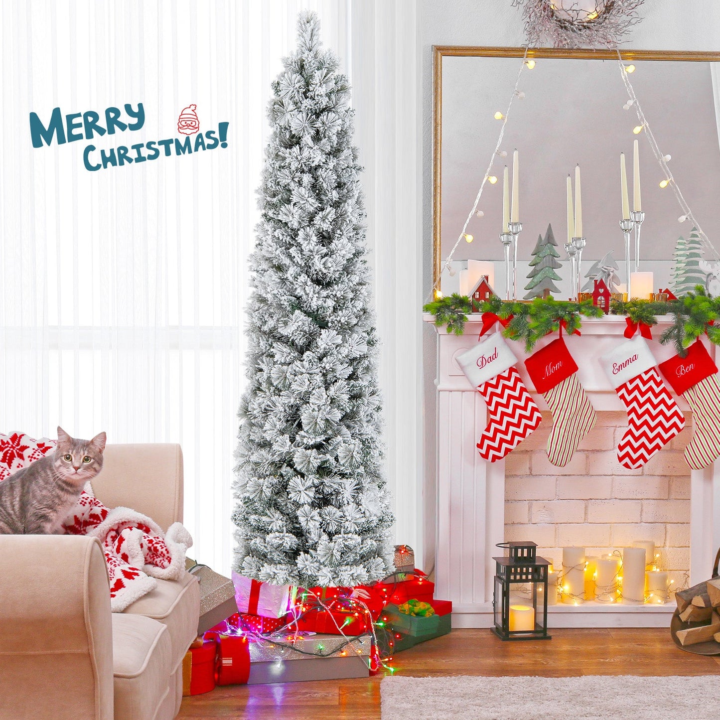 186CM Slim Christmas Tree, Flocked Xmas Tree with 373 Branch Tips