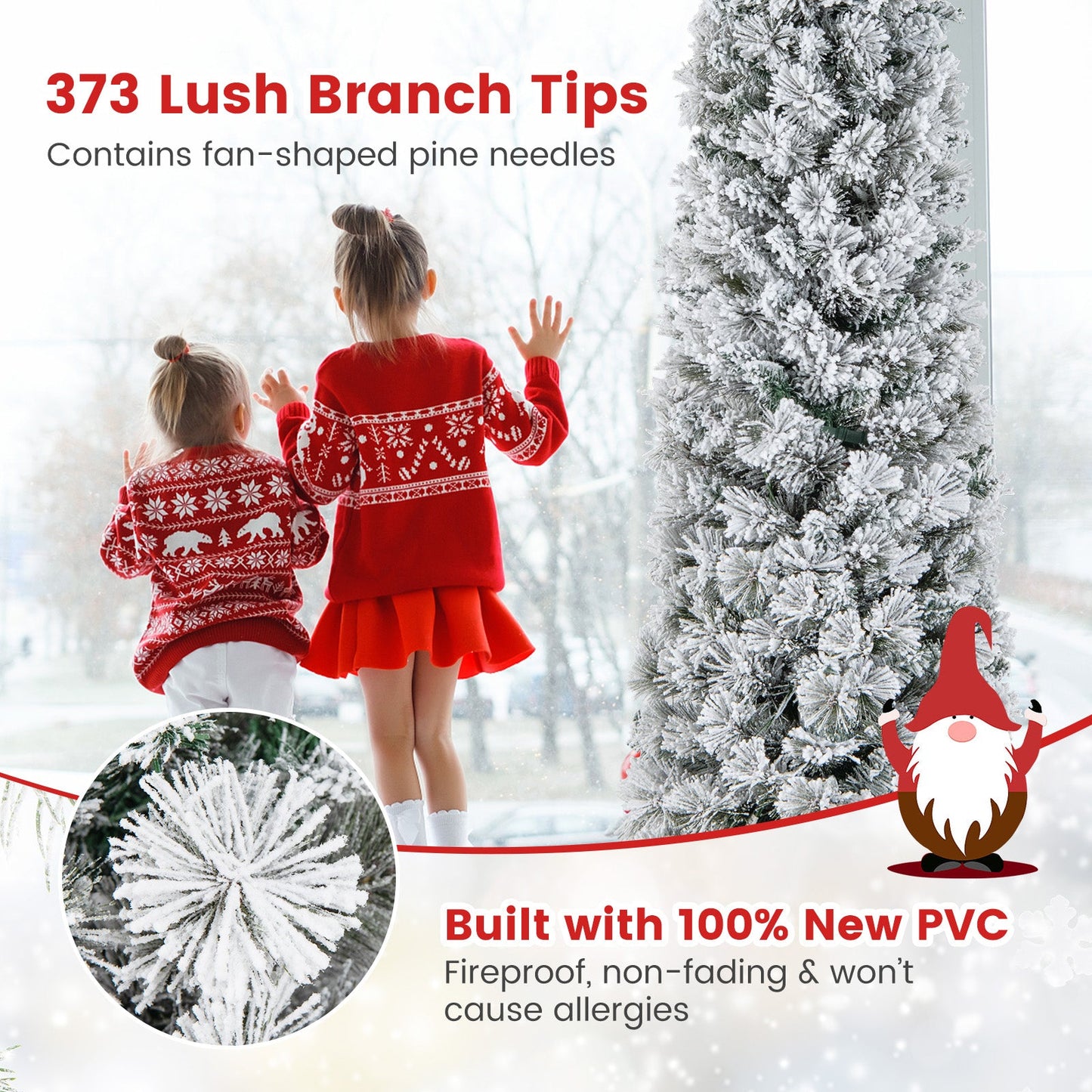 186CM Slim Christmas Tree, Flocked Xmas Tree with 373 Branch Tips