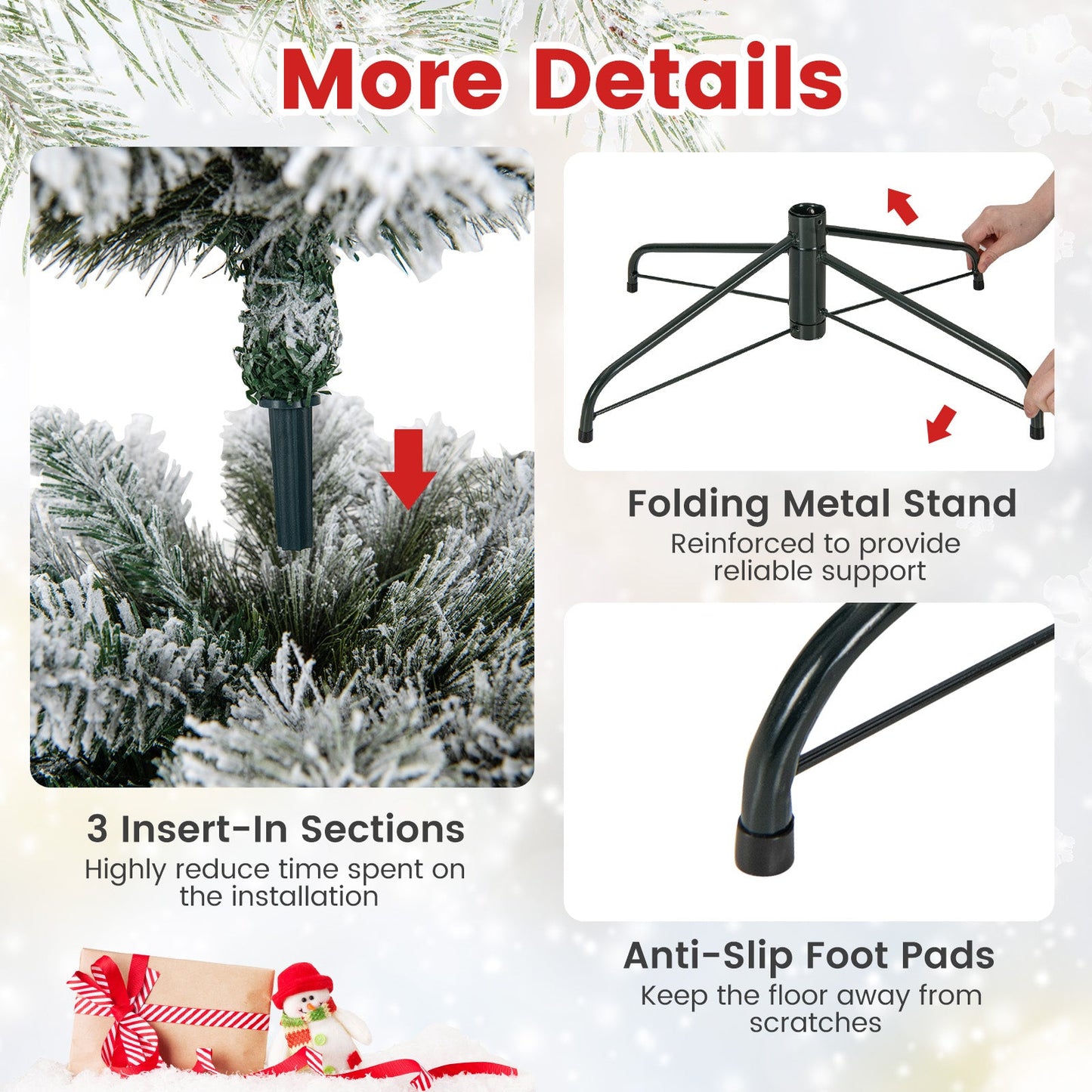 186CM Slim Christmas Tree, Flocked Xmas Tree with 373 Branch Tips