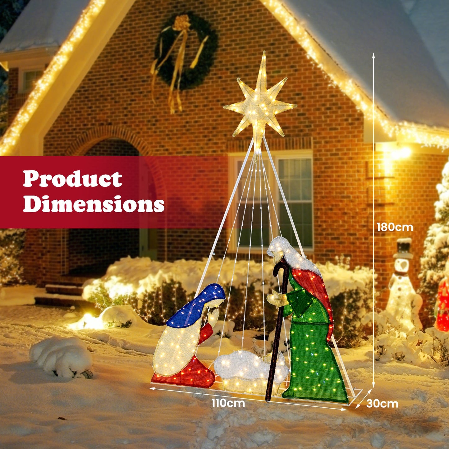 180CM Lighted Nativity Scene, Holy Family Set Christmas Decoration with 240 LED Lights